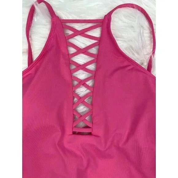 NWT $60 Hobie Women's Solid Strappy Lace up Front One Piece Swimsuit Pink Medium - Picture 5 of 9